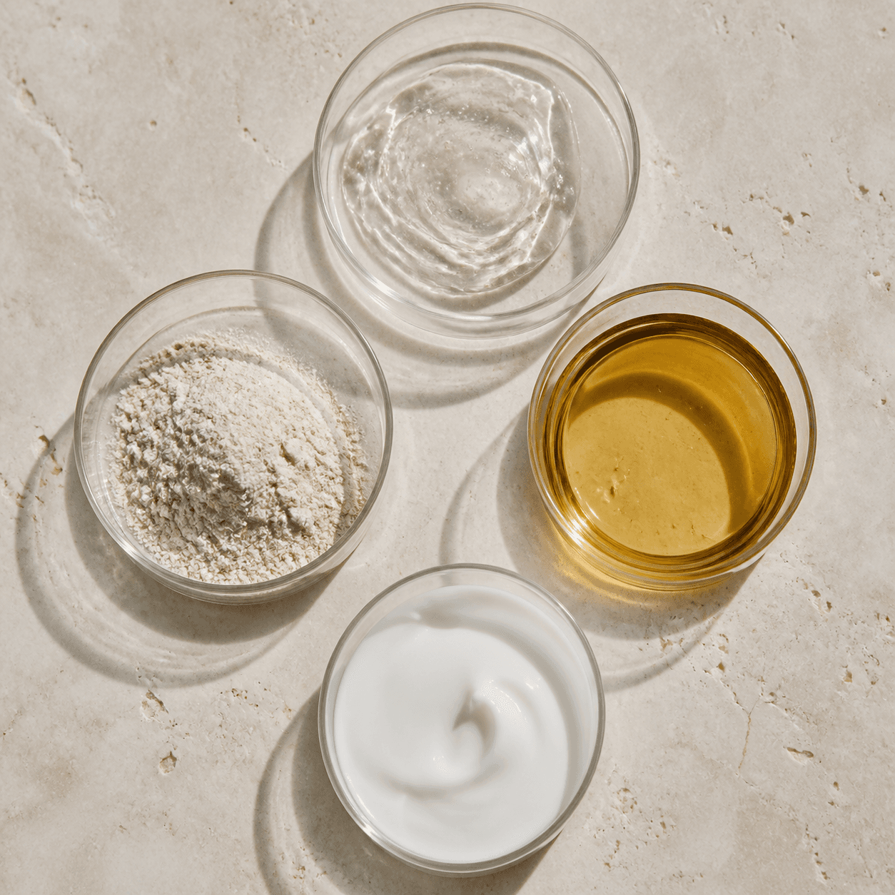 Quatre états illustratifs de matières cosmétiques : gel, poudre, huile et émulsion